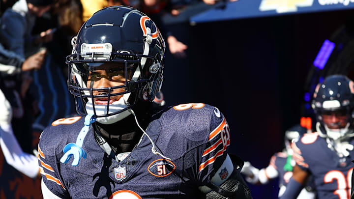 Oct 22, 2023; Chicago, Illinois, USA; Chicago Bears safety Jaquan Brisker (9) takes the field before the game against the Las Vegas Raiders at Soldier Field. Mandatory Credit: Mike Dinovo-Imagn Images