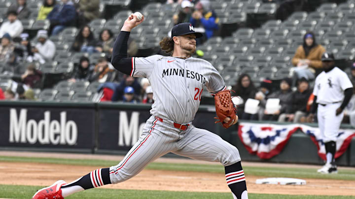 Mar 31, 2025; Chicago, Illinois, USA;  Minnesota Twins pitcher Chris Paddack (20) delivers against the Chicago White Sox during the first inning at Guaranteed Rate Field. Mandatory Credit: Matt Marton-Imagn Images