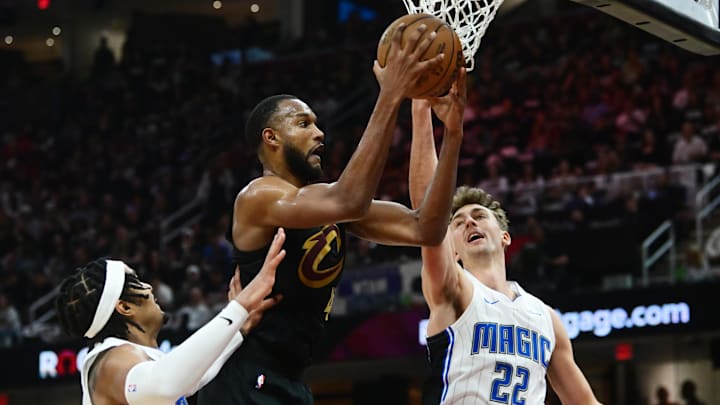 May 5, 2024; Cleveland, Ohio, USA; Cleveland Cavaliers forward Evan Mobley (4) goes for a rebound