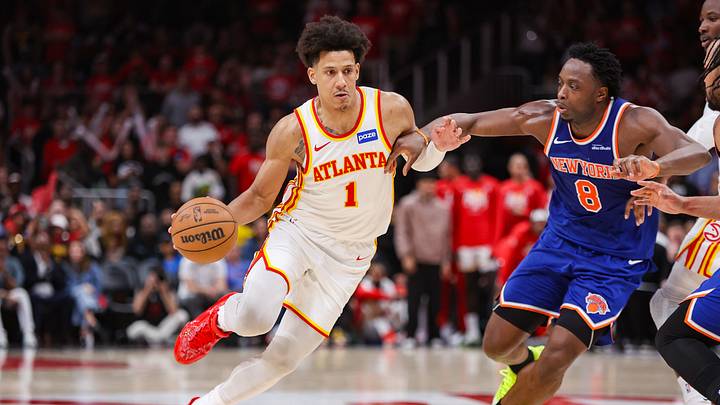 Apr 23, 2026; Atlanta, Georgia, USA; Atlanta Hawks forward Jalen Johnson (1) drives on New York Knicks forward Og Anunoby (8) in the fourth quarter during game three of the first round of the 2026 NBA Playoffs at State Farm Arena. Mandatory Credit: Brett Davis-Imagn Images Apr 23, 2026; Atlanta, Georgia, USA; Atlanta Hawks forward Jalen Johnson (1) drives on New York Knicks forward Og Anunoby (8) in the fourth quarter during game three of the first round of the 2026 NBA Playoffs at State Farm Arena. Mandatory Credit: Brett Davis-Imagn Images