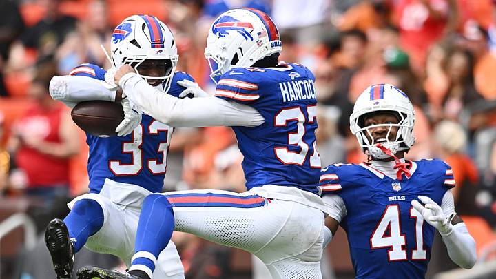 Aug. 22, 2026; Cleveland, Ohio, USA; Buffalo Bills defensive back Te'Cory Couch (33) celebrates with cornerbacks Jordan Hancock (37) and Kani Walker (41) after making an interception during the second half of a preseason game against the Cleveland Browns Aug. 22, 2026; Cleveland, Ohio, USA; Buffalo Bills defensive back Te'Cory Couch (33) celebrates with cornerbacks Jordan Hancock (37) and Kani Walker (41) after making an interception during the second half of a preseason game against the Cleveland Browns