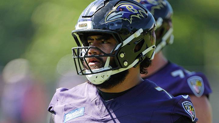 Jul 30, 2026; Owings Mills, MD, USA; Baltimore Ravens guard Vega Ioane (71) during practice at Under Armour Peformance Center. Mandatory Credit: Mitch Stringer-Imagn Images Jul 30, 2026; Owings Mills, MD, USA; Baltimore Ravens guard Vega Ioane (71) during practice at Under Armour Peformance Center. Mandatory Credit: Mitch Stringer-Imagn Images