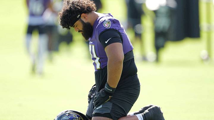 Jul 30, 2026; Owings Mills, MD, USA; Baltimore Ravens guard Vega Ioane (71) during practice at Under Armour Peformance Center. Mandatory Credit: Mitch Stringer-Imagn Images