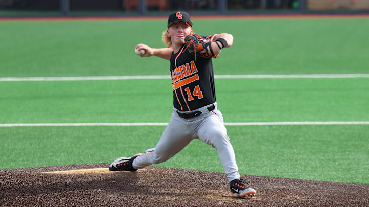 Oklahoma State junior starting pitcher Brian Holiday delivers a pitch at Kendrick Family Ballpark. 