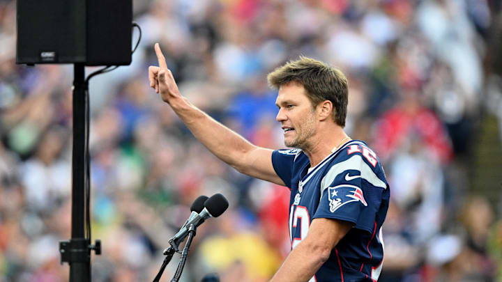 Sep 10, 2023; Foxborough, Massachusetts, USA; New England Patriots former quarterback Tom Brady speaks during a halftime ceremony in his honor during the game between the Philadelphia Eagles and New England Patriots at Gillette Stadium. Mandatory Credit: Brian Fluharty-USA TODAY Sports