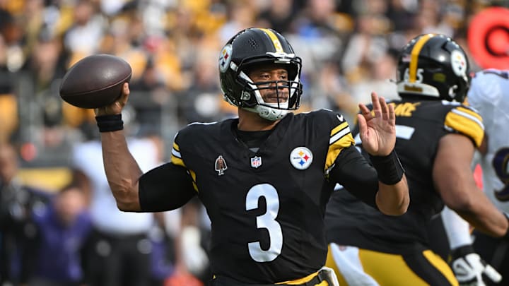 Nov 17, 2024; Pittsburgh, Pennsylvania, USA; Pittsburgh Steelers quarterback Russell Wilson (3) throws a pass against the Baltimore Ravens during the first quarter at Acrisure Stadium. Mandatory Credit: Barry Reeger-Imagn Images