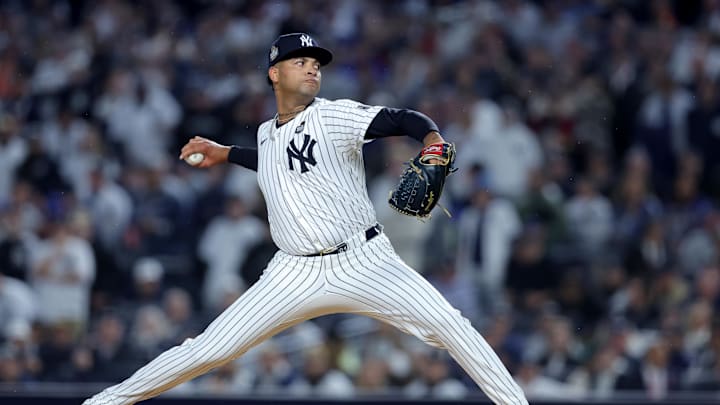 Oct 29, 2024; New York, New York, USA; New York Yankees pitcher Luis Gil (81) throws during the first inning in game four of the 2024 MLB World Series against the Los Angeles Dodgers at Yankee Stadium. Mandatory Credit: Brad Penner-Imagn Images