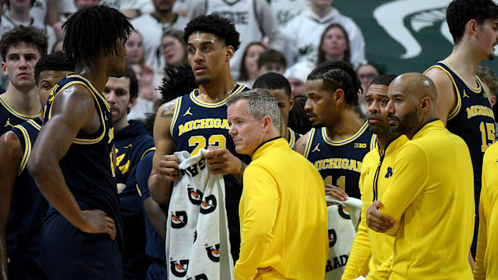 Jan 30, 2026; East Lansing, Michigan, USA;  Michigan Wolverines head coach Dusty May waits for referees to make a call against the Michigan State Spartans during the first half at Jack Breslin Student Events Center. Mandatory Credit: Dale Young-Imagn Images