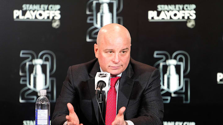 Apr 24, 2024; Toronto, Ontario, CAN; Boston Bruins head coach Jim Montgomery talks to the media