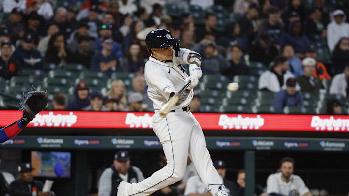 Apr 15, 2024; Detroit, Michigan, USA; Detroit Tigers third baseman Gio Urshela hits against the Apr 15, 2024; Detroit, Michigan, USA; Detroit Tigers third baseman Gio Urshela hits against the