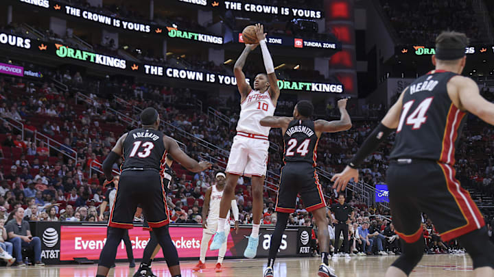 Apr 5, 2024; Houston, Texas, USA; Houston Rockets forward Jabari Smith Jr. (10) shoots the ball as Miami Heat forward Haywood Highsmith (24) defends during the second quarter at Toyota Center. Mandatory Credit: Troy Taormina-Imagn Images Apr 5, 2024; Houston, Texas, USA; Houston Rockets forward Jabari Smith Jr. (10) shoots the ball as Miami Heat forward Haywood Highsmith (24) defends during the second quarter at Toyota Center. Mandatory Credit: Troy Taormina-Imagn Images