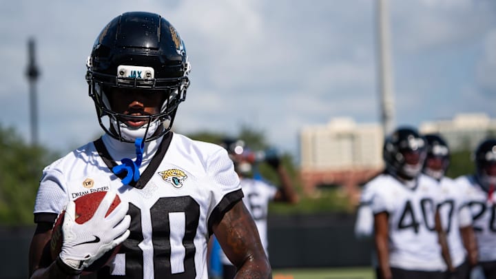 Jacksonville Jaguars cornerback Montaric Brown (30) runs with the ball while running drills during the Jacksonville Jaguars’ third mandatory minicamp Thursday June 12, 2025 at the Miller Electric Center in Jacksonville, Fla. [Doug Engle/Florida Times-Union]