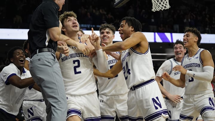 Jan 16, 2025; Evanston, Illinois, USA; Northwestern Wildcats forward Nick Martinelli (2) celebrates his game winning basket against the Maryland Terrapins during overtime at Welsh-Ryan Arena. Mandatory Credit: David Banks-Imagn Images