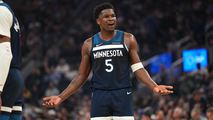 Mar 13, 2026; San Francisco, California, USA; Minnesota Timberwolves guard Anthony Edwards (5) reacts after being fouled against the Golden State Warriors in the first quarter at the Chase Center. Mandatory Credit: Cary Edmondson-Imagn Images