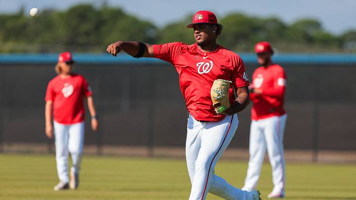 Feb 16, 2026; West Palm Beach, FL, USA; Washington Nationals pitcher Jarlin Susana (49) plays catch during spring training at CACTI Park of The Palm Beaches. Mandatory Credit: Sam Navarro-Imagn Images Feb 16, 2026; West Palm Beach, FL, USA; Washington Nationals pitcher Jarlin Susana (49) plays catch during spring training at CACTI Park of The Palm Beaches. Mandatory Credit: Sam Navarro-Imagn Images