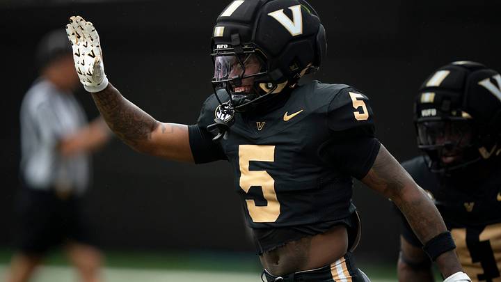 Vanderbilt wide receiver Tristen Brown (5) celebrates a touchdown during Vanderbilt Football's Black and Gold Spring Game in FirstBank Stadium at Vanderbilt University Saturday, April 18, 2026. Vanderbilt wide receiver Tristen Brown (5) celebrates a touchdown during Vanderbilt Football's Black and Gold Spring Game in FirstBank Stadium at Vanderbilt University Saturday, April 18, 2026.