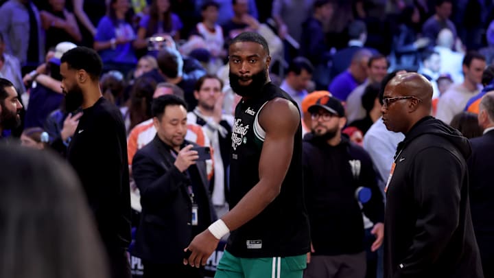 May 16, 2025; New York, New York, USA; Boston Celtics guard Jaylen Brown (7) walks off the court after losing to the New York Knicks in game six in the second round of the 2025 NBA Playoffs at Madison Square Garden. Mandatory Credit: Brad Penner-Imagn Images
