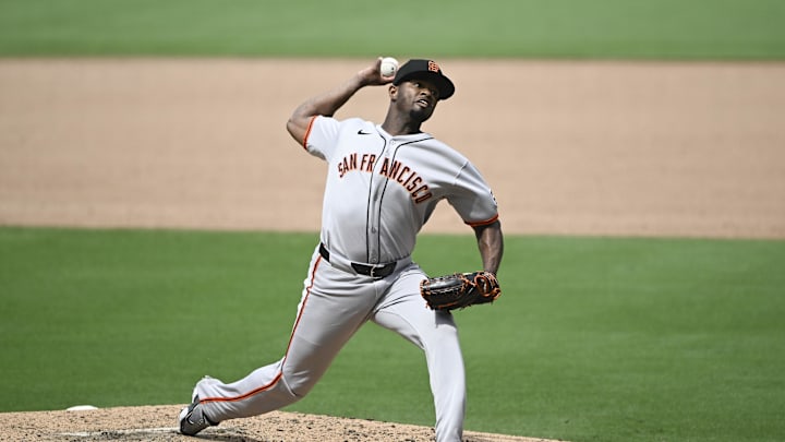 Aug 21, 2025; San Diego, California, USA; San Francisco Giants relief pitcher Joel Peguero (63) delivers during the sixth inning against the San Diego Padres at Petco Park. Mandatory Credit: Denis Poroy-Imagn Images