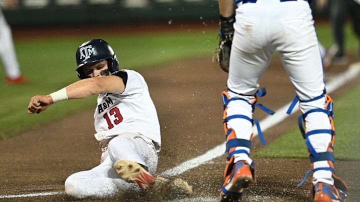 Jun 15, 2024; Omaha, NE, USA; Texas A&M Aggies left fielder Caden Sorrell (13) scores against the Texas A&M Aggies during the second inning at Charles Schwab Field Omaha. Mandatory Credit: Steven Branscombe-Imagn Images Jun 15, 2024; Omaha, NE, USA; Texas A&M Aggies left fielder Caden Sorrell (13) scores against the Texas A&M Aggies during the second inning at Charles Schwab Field Omaha. Mandatory Credit: Steven Branscombe-Imagn Images