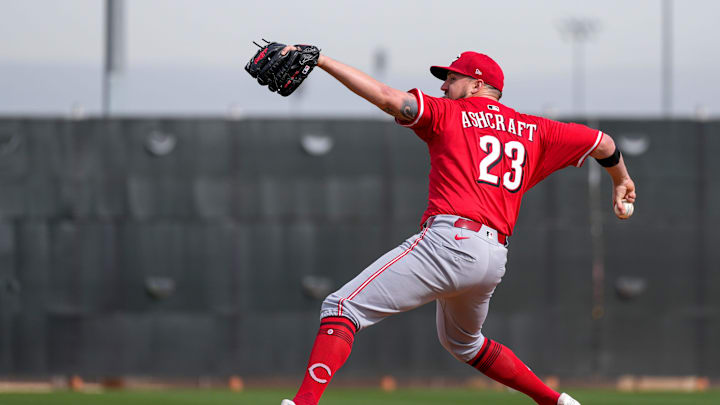 Cincinnati Reds pitcher Graham Ashcraft (23) throws live batting practice at the Cincinnati Reds Player Development Complex in Goodyear, Ariz., on Thursday, Feb. 13, 2025. Cincinnati Reds pitcher Graham Ashcraft (23) throws live batting practice at the Cincinnati Reds Player Development Complex in Goodyear, Ariz., on Thursday, Feb. 13, 2025.