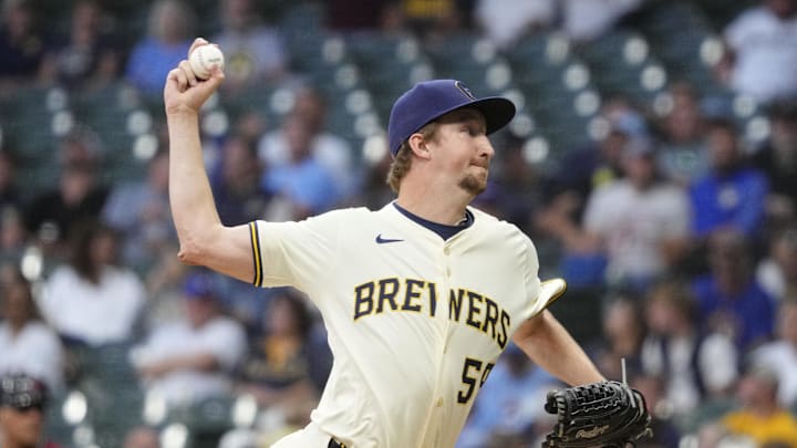 Aug 27, 2025; Milwaukee, Wisconsin, USA; Milwaukee Brewers pitcher Erick Fedde (59) delivers a pitch against Arizona Diamondbacks in the third inning at American Family Field. Mandatory Credit: Michael McLoone-Imagn Images