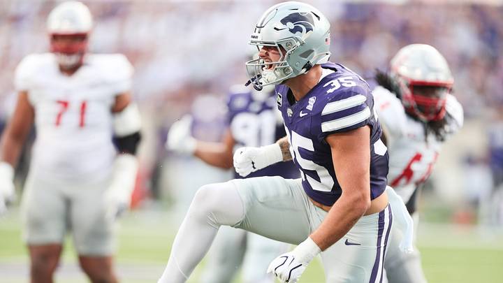 Kansas State Wildcats linebacker Gabe Powers (35) reacts after a tackle during the game against Nicholls Colonels inside Bill Snyder Family Stadium on Sept. 5, 2026. Kansas State Wildcats linebacker Gabe Powers (35) reacts after a tackle during the game against Nicholls Colonels inside Bill Snyder Family Stadium on Sept. 5, 2026.