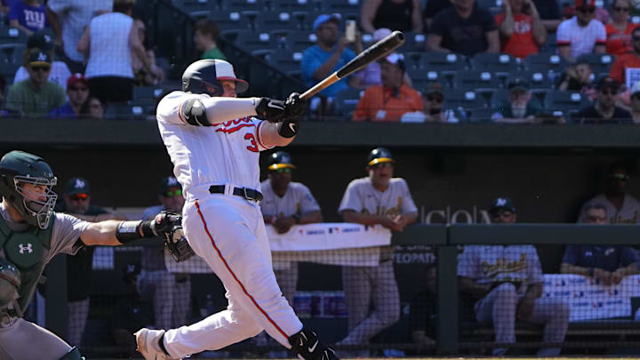 Apr 13, 2023; Baltimore, Maryland, USA; Baltimore Orioles catcher Adley Rutschman (35) hits a walk