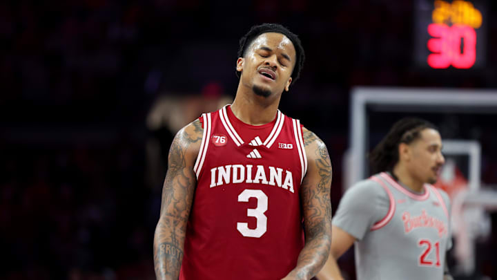 Mar 7, 2026; Columbus, Ohio, USA; Indiana Hoosiers guard Lamar Wilkerson (3) reacts as time winds down during the second half against the Ohio State Buckeyes at Value City Arena. Mandatory Credit: Joseph Maiorana-Imagn Images Mar 7, 2026; Columbus, Ohio, USA; Indiana Hoosiers guard Lamar Wilkerson (3) reacts as time winds down during the second half against the Ohio State Buckeyes at Value City Arena. Mandatory Credit: Joseph Maiorana-Imagn Images