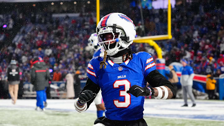 Jan 19, 2025; Orchard Park, New York, USA; Buffalo Bills safety Damar Hamlin (3) warms up before the game against the Baltimore Ravens in a 2025 AFC divisional round game at Highmark Stadium. 