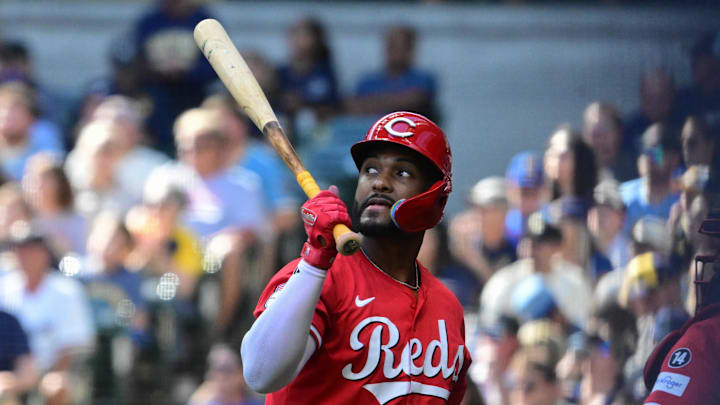 Sep 28, 2025; Milwaukee, Wisconsin, USA; Cincinnati Reds designated hitter Miguel Andujar (38) reacts after striking out in the first inning against the Milwaukee Brewers at American Family Field. Mandatory Credit: Benny Sieu-Imagn Images