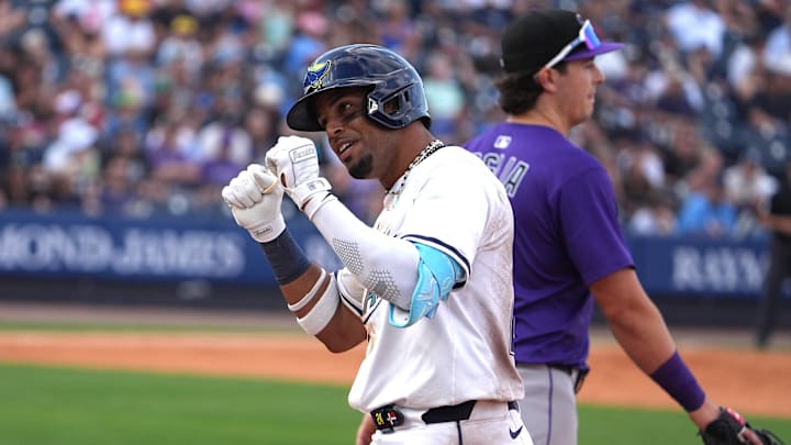 Mar 29, 2025; Tampa, Florida, USA; Tampa Bay Rays left fielder Christopher Morel (24) celebrates after hitting a single in the eighth inning at George M. Steinbrenner Field. Mar 29, 2025; Tampa, Florida, USA; Tampa Bay Rays left fielder Christopher Morel (24) celebrates after hitting a single in the eighth inning at George M. Steinbrenner Field.