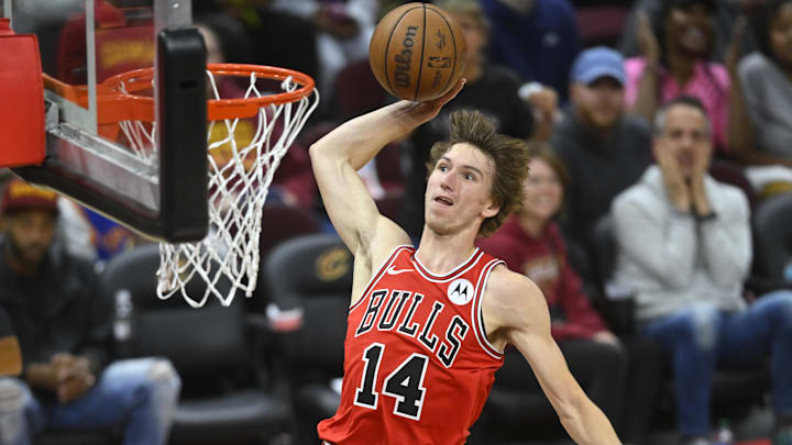 Oct 8, 2024; Cleveland, Ohio, USA; Chicago Bulls forward Matas Buzelis (14) drives to the basket in the fourth quarter against the Cleveland Cavaliers at Rocket Mortgage FieldHouse. Mandatory Credit: David Richard-Imagn Images
