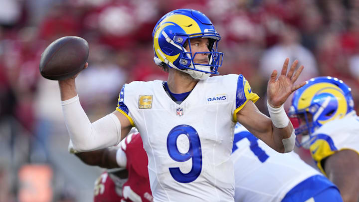 Nov 9, 2025; Santa Clara, California, USA; Los Angeles Rams quarterback Matthew Stafford (9) throws a pass during the second quarter against the San Francisco 49ers at Levi's Stadium. Mandatory Credit: Kyle Terada-Imagn Images
