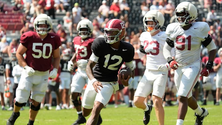 April 11, 2026; Tuscaloosa, AL, USA; Alabama quarterback Keelon Russell runs the ball at Bryant-Denny Stadium during the Alabama A Day scrimmage.