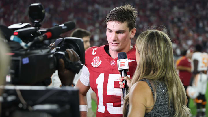 Oct 18, 2025; Tuscaloosa, Alabama, USA; Alabama Crimson Tide quarterback Ty Simpson (15) is interviewed after the game against the Tennessee Volunteers at Saban Field at Bryant-Denny Stadium. Mandatory Credit: David Leong-Imagn Images