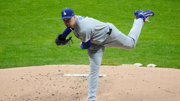 Oct 13, 2025; Milwaukee, Wisconsin, USA; Los Angeles Dodgers pitcher Blake Snell (7) throws a pitch against the Milwaukee Brewers in the first inning during game one of the NLCS round for the 2025 MLB playoffs at American Family Field. Mandatory Credit: Michael McLoone-Imagn Images