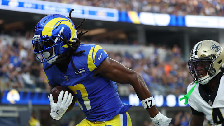 Nov 2, 2025; Inglewood, California, USA; Los Angeles Rams wide receiver Davante Adams (17) makes a touchdown catch in front of New Orleans Saints cornerback Kool-Aid McKinstry (4) during the second half at SoFi Stadium. Mandatory Credit: Kiyoshi Mio-Imagn Images