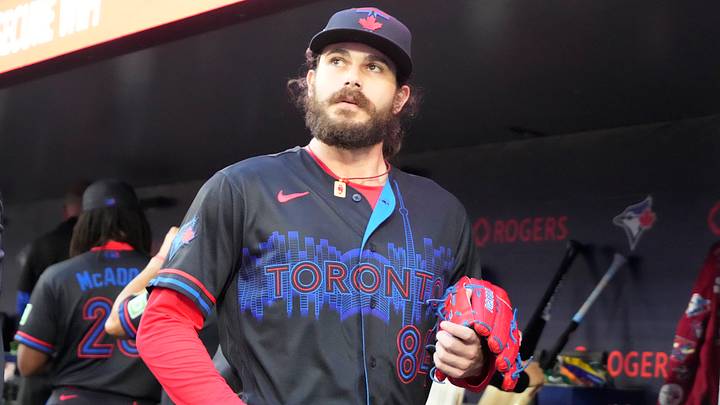 Aug 28, 2026; Toronto, Ontario, CAN;  Toronto Blue Jays starting pitcher Dylan Cease (84) in the dugout during a game against the Seattle Mariners at Rogers Centre.  Mandatory Credit: John E. Sokolowski-Imagn Images