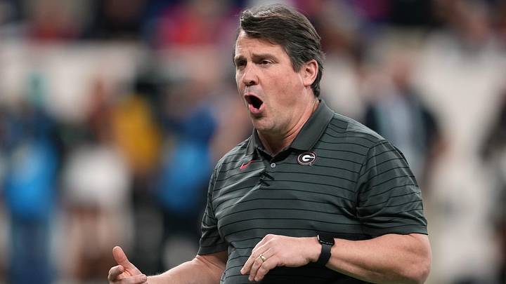 Jan 10, 2022; Indianapolis, IN, USA; Georgia Bulldogs defensive analyst Will Muschamp reacts before the 2022 CFP college football national championship game against the Alabama Crimson Tide at Lucas Oil Stadium. Mandatory Credit: Kirby Lee-Imagn Images