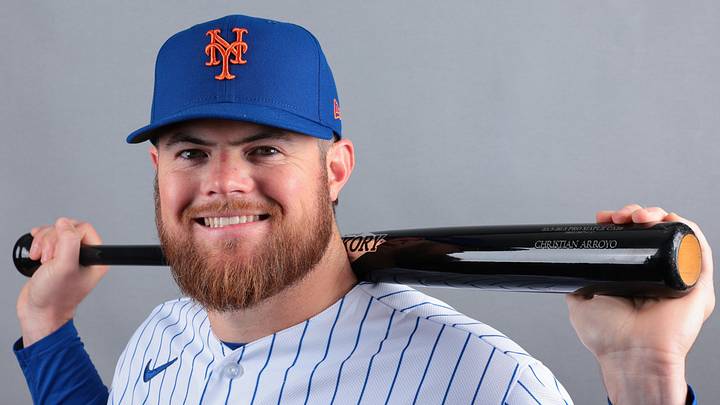 Feb 19, 2026; Port St. Lucie, FL, USA; New York Mets  infielder Christian Arroyo (28) poses for a photo during media day at Clover Park. Mandatory Credit: Sam Navarro-Imagn Images