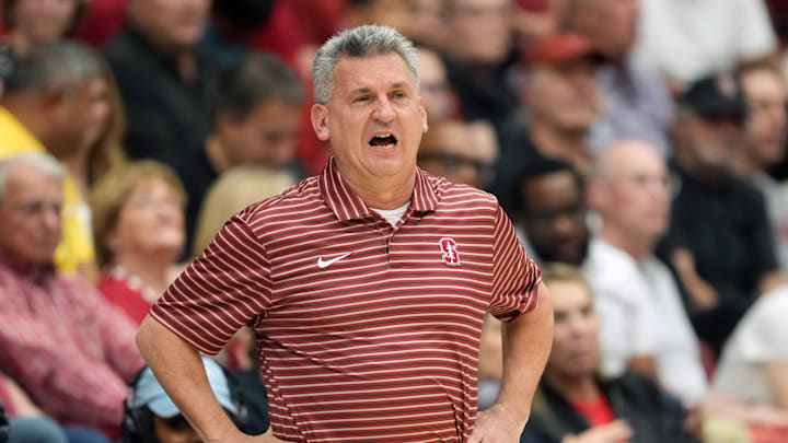 Feb 28, 2026; Stanford, California, USA; Stanford Cardinal head coach Kyle Smith yells during the second half against the Southern Methodist University Mustangs at Maples Pavilion. Mandatory Credit: Darren Yamashita-Imagn Images