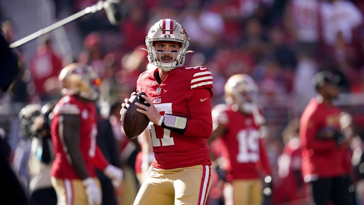 Dec 8, 2024; Santa Clara, California, USA; San Francisco 49ers quarterback Brandon Allen (17) prepares to throw a pass during warmups against the Chicago Bears at Levi's Stadium. Mandatory Credit: Cary Edmondson-Imagn Images