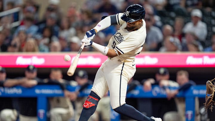 Sep 26, 2024; Minneapolis, Minnesota, USA; Minnesota Twins second base Willi Castro (50) at bat against the Miami Marlins at Target Field. Mandatory Credit: Matt Blewett-Imagn Images