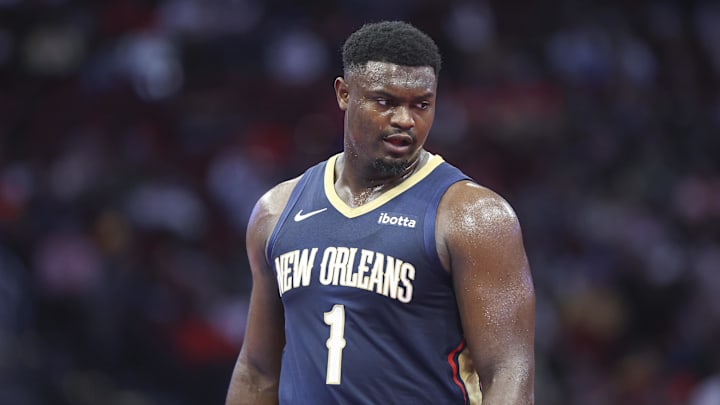 Nov 10, 2023; Houston, Texas, USA; New Orleans Pelicans forward Zion Williamson (1) reacts after a play during the third quarter against the Houston Rockets at Toyota Center. Mandatory Credit: Troy Taormina-USA TODAY Sports Nov 10, 2023; Houston, Texas, USA; New Orleans Pelicans forward Zion Williamson (1) reacts after a play during the third quarter against the Houston Rockets at Toyota Center. Mandatory Credit: Troy Taormina-USA TODAY Sports