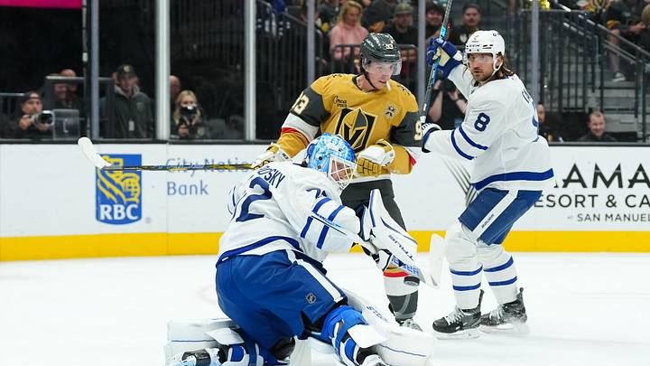 Oct 8, 2026; Las Vegas, Nevada, USA;  Toronto Maple Leafs goaltender Sergei Bobrovsky (72) stops a shot from the Vegas Golden Knights in the first period at T-Mobile Arena.  Mandatory Credit: Candice Ward-Imagn Images