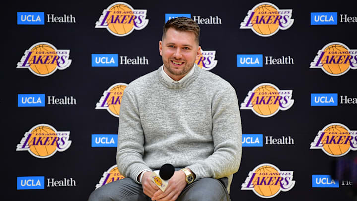 Feb 4, 2025; El Segundo, CA, USA; Los Angeles Lakers guard Luka Doncic is introduced at UCLA Health Training Center. Mandatory Credit: Gary A. Vasquez-Imagn Images