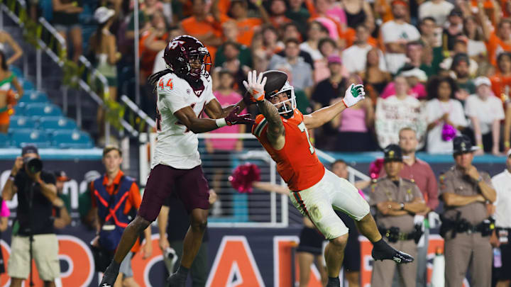 Sep 27, 2024; Miami Gardens, Florida, USA; Miami Hurricanes wide receiver Xavier Restrepo (7) jumps but cannot make a catch against Virginia Tech Hokies cornerback Dorian Strong (44) during the third quarter at Hard Rock Stadium. Mandatory Credit: Sam Navarro-Imagn Images