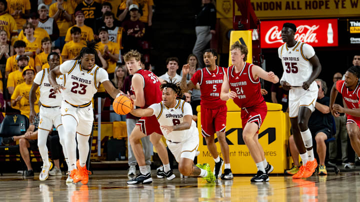 Arizona State Sun Devils Marcus Adams Jr. (8) looses possession of the ball during a game against the Southern Utah Thunderbirds at Desert Financial Arena in Tempe, on Nov. 4, 2025.