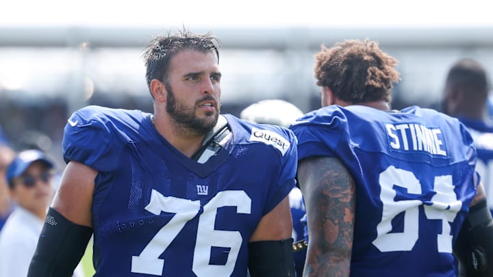 Aug 4, 2025; East Rutherford, NJ, USA; New York Giants guard Jon Runyan (76) on the field during training camp at Quest Diagnostics Training Center.  