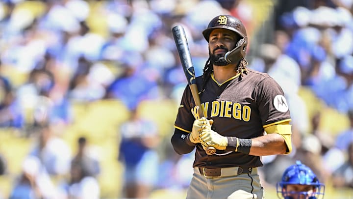 Aug 17, 2025; Los Angeles, California, USA; San Diego Padres outfielder Fernando Tatis Jr. (23) at bat against the Los Angeles Dodgers during the fifth inning at Dodger Stadium. Mandatory Credit: Jonathan Hui-Imagn Images